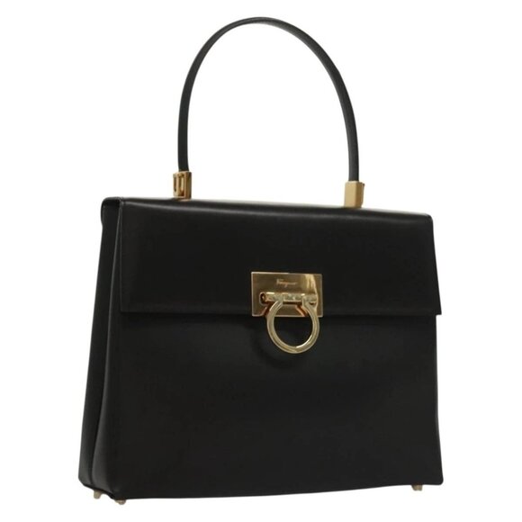 Salvatore Ferragamo Gancini Hand Bag Leather Black Gold - Picture 1 of 16
